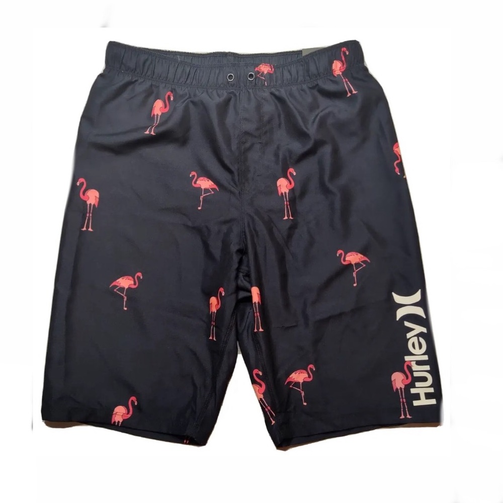 Hurley Big Kid Boys Blue Flamingo Print Pull On Swim Bathing Trunks Size L